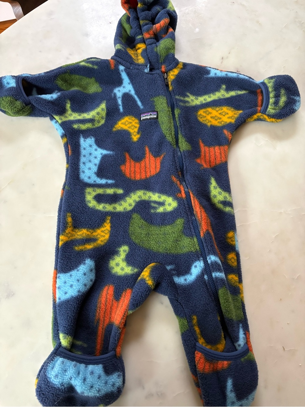 Patagonia Navy Fleece One-Piece with Multicolor Animal Print